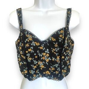 Black Floral Lace Trim Bustier Crop Top Corset Tank Y2K Coquette Large- Blush BJ
